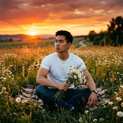 Serene Sunset Moment: Young Man with Daisies in Field