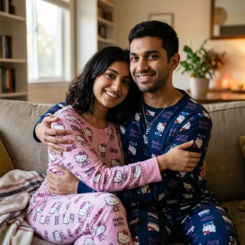Couple in Matching Hello Kitty PJs