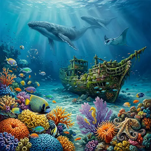 Marine Themed Painting: Undersea Wonders and Shipwreck