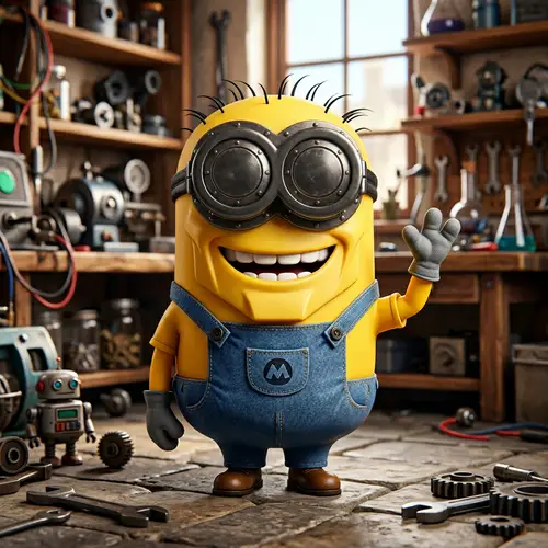 Yellow Cylindrical Animated Character in Blue Overalls