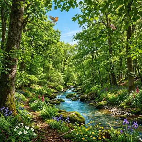 Tranquil Forest Scene with Azure Creek and Lively Birds