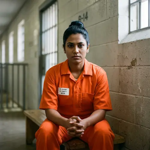 Striking South Asian Woman in Orange Prison Uniform
