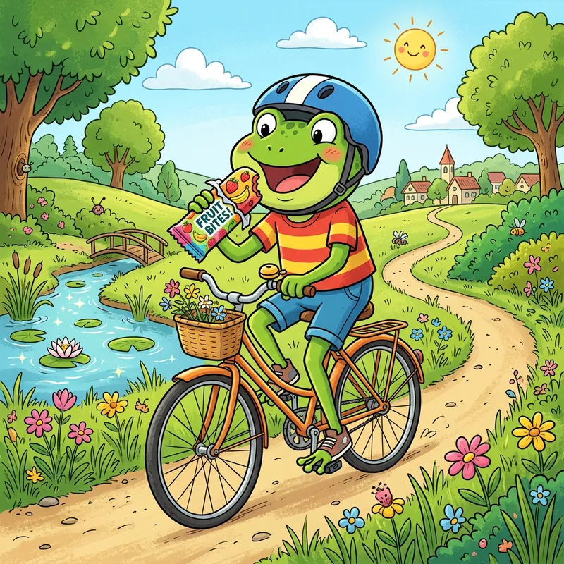 Cartoon Frog on Bike Eating Fruit Bar