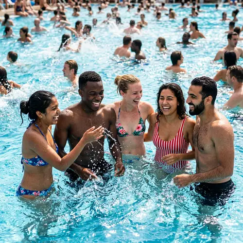 Diverse People Enjoy Swimming in Busy Pool | Heat Wave Relief