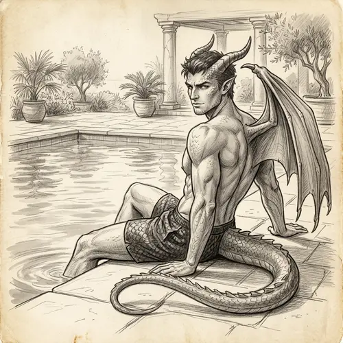Male Dragon Demi-Human Poolside Glamour: Vintage Pencil Drawing