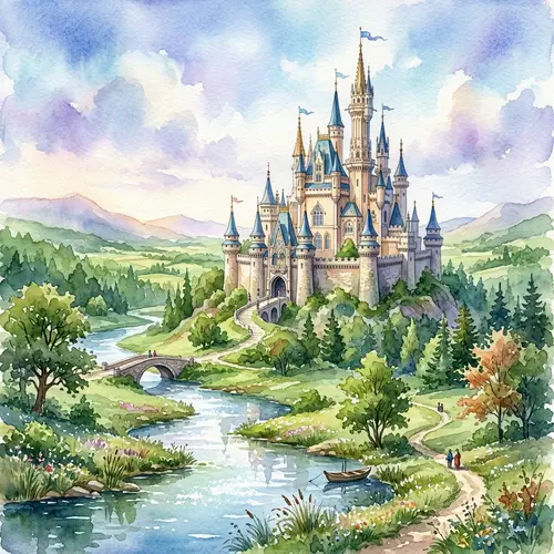 Fantasy Castle in Watercolor: A Dreamlike Scene