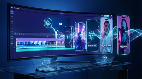 AI Video Editing Workspace: 3D Modern Design