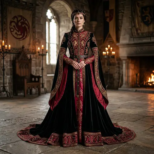 Targaryen Black & Red Full-Length Dress - Medieval Fantasy Style