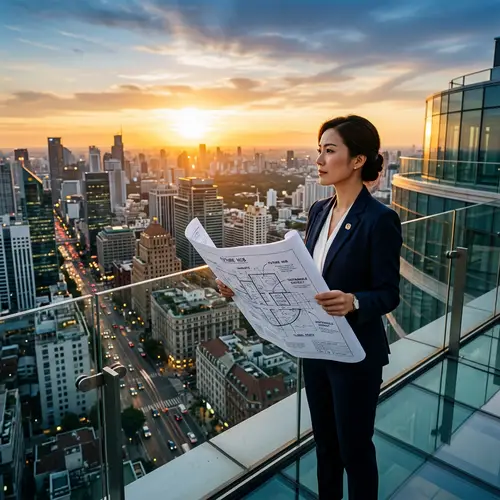 Visionary Leadership in Business: Asian Woman on Skyscraper