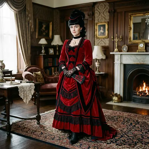 Victorian Woman in Red Velvet Dress with Black Accents