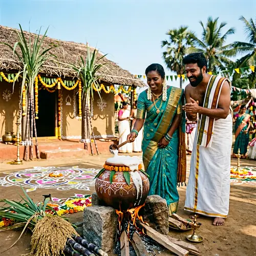Traditional Pongal Harvest Festival Celebration in South India