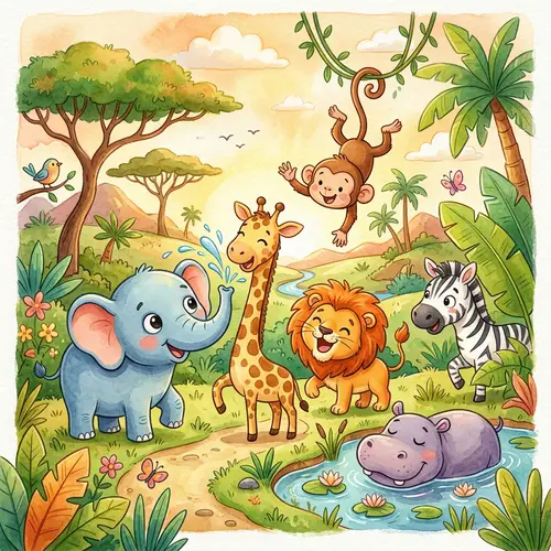 Whimsical Safari-Themed Nursery Art Illustration | Children's Book Style