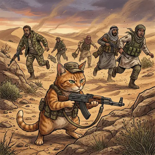 Tabby Cat with AK 47 Defends Against Desert Terrorists