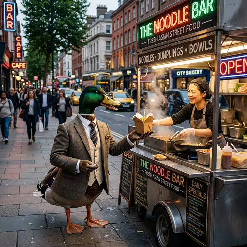 Duck in a Suit Ordering Food in the City
