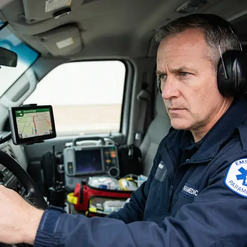 Dedicated Caucasian Male Ambulance Driver in Uniform | Find Quickest Route