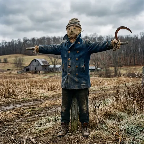 Vintage Military Style Pea Coat Scarecrow with Rusty Sickle