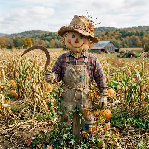 Friendly Scarecrow in Field with Rusty Sickle