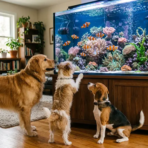 Playful Scene with Dogs and Clownfish | Vibrant Aquarium Imagery
