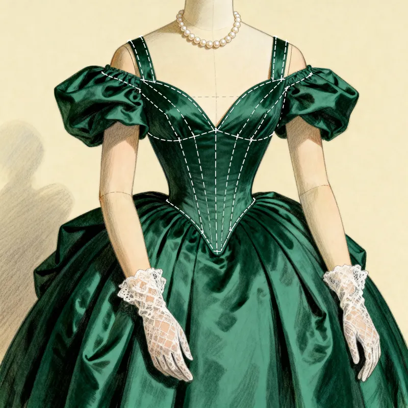 1860s Evening Gown Sewing Pattern - Off Shoulder V Bodice