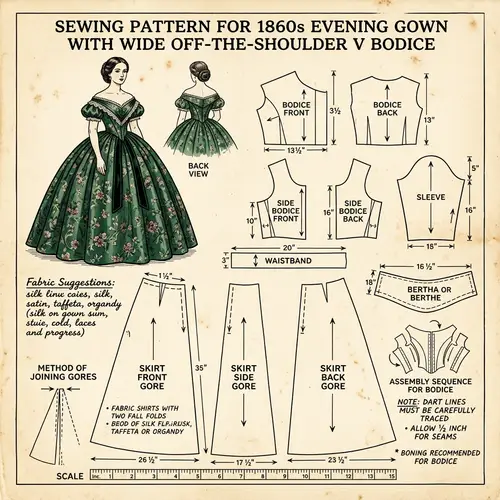 1860s Evening Gown Sewing Pattern - Off Shoulder V Bodice