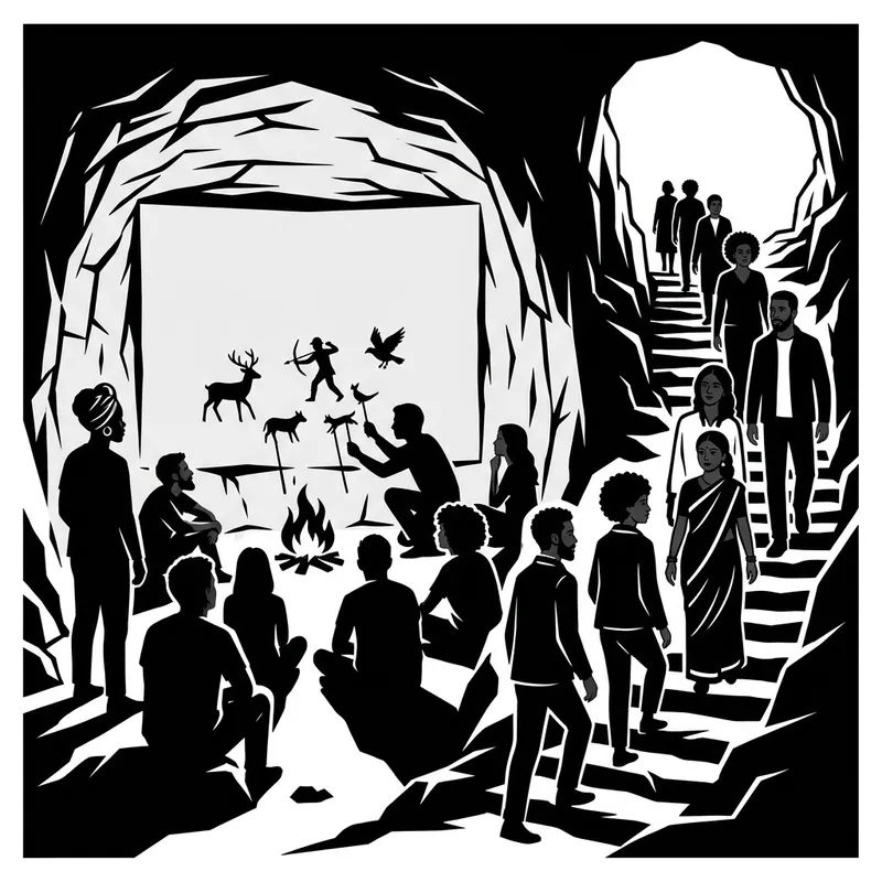 Silhouettes of Resilience: Exiting Cavern in Minimalist Illustration