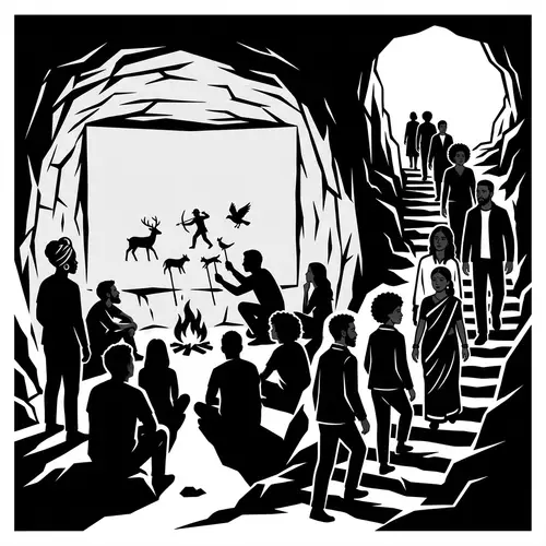 Captivating Shadows: Diverse Group Exiting Cavern in Minimalist Style