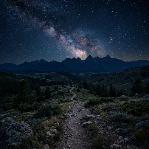 Night Sky Wilderness Landscape with Twinkling Stars and Silhouettes of Mountains