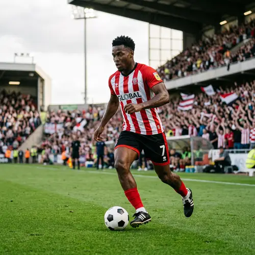 Professional Soccer Player Dribbling Ball on Packed Stadium Field