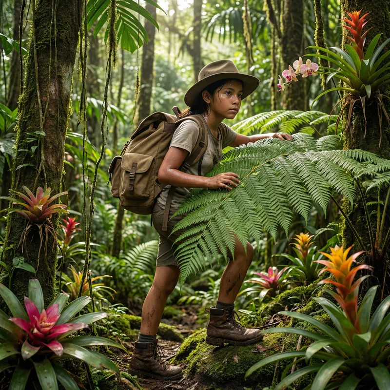 Girl Crossing Jungle: Adventure in Lush Rainforest