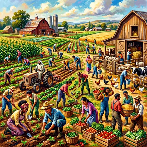 Vibrant Painting of Multicultural Farmers in a Bustling Farm Scene