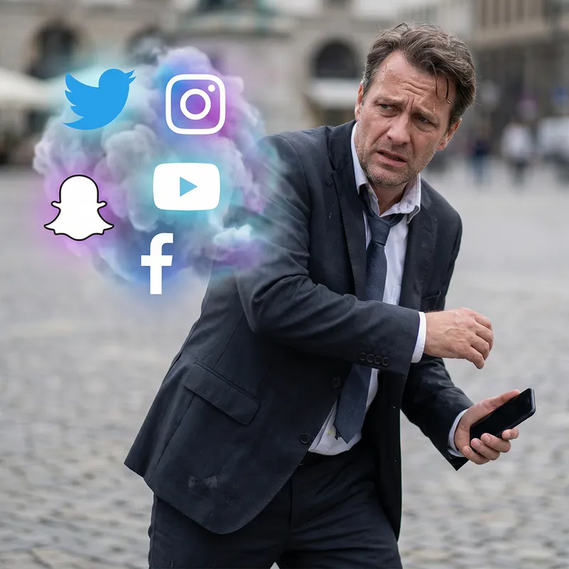 Man Escaping Social Media: Phone in Hand Rushing Out