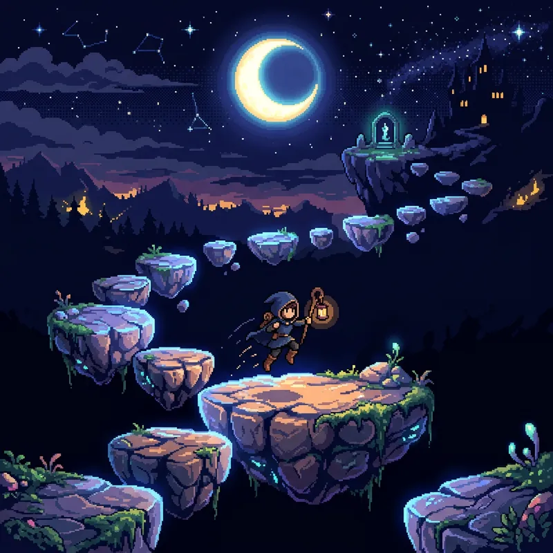 Pixellated Night Scene with Platforms: Moonlight Setting
