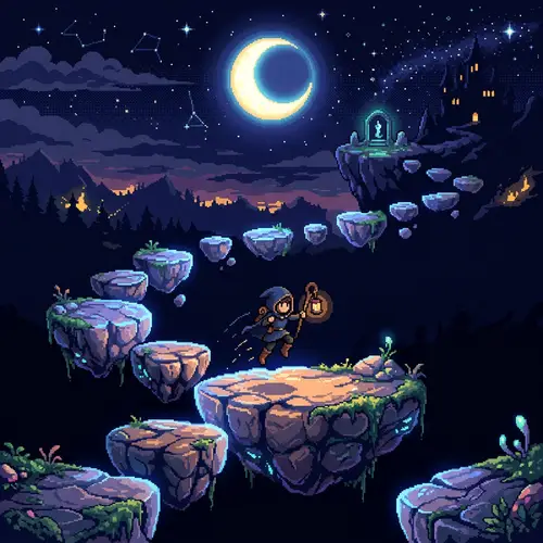 Pixel Art Night Scene: Floating Platforms in Moonlight