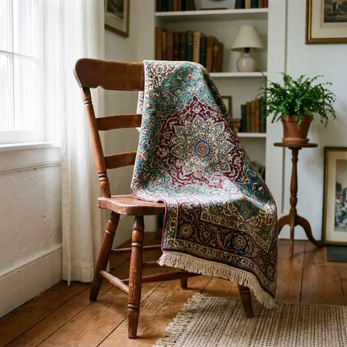 Intricate Silk Rug on Rustic Chair | Vibrant Teal, Burgundy, Gold