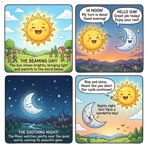 Sun and Moon Comic Strip: Day to Night Transition Story