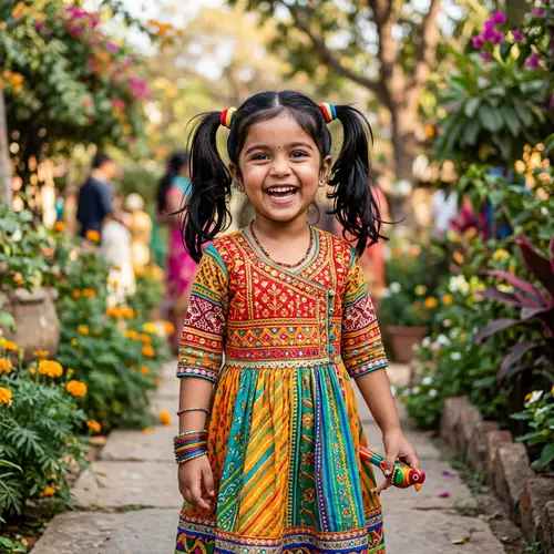 Joyful South Asian Little Girl in Vibrant Colourful Dress