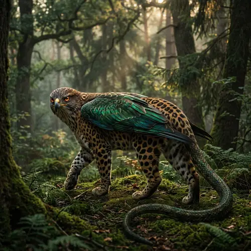 Mystical Creature of Ancient Folklore with Hawk Head, Leopard Body, and Serpent Tail