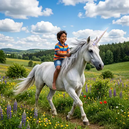 Hispanic Boy Riding Majestic Unicorn - Enchanting Scene