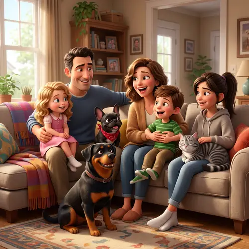 Animated Family Illustration with Pets