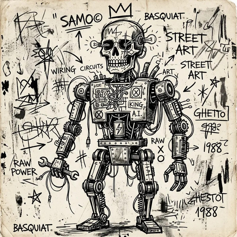 Retro Robot Drawing - Black & White Basquiat Style