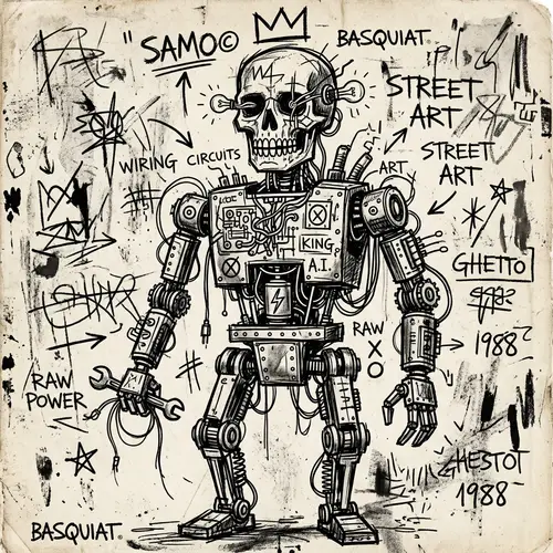 Retro Robot Drawing - Black & White Basquiat Style