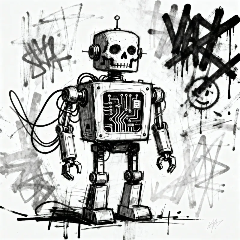 Retro Robot Drawing - Black & White Basquiat Style
