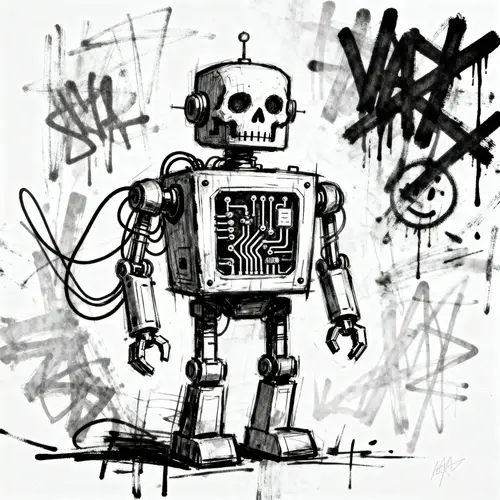 Retro Robot Drawing - Black & White Basquiat Style