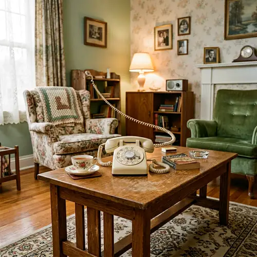 Vintage Living Room with Rotary Telephone - Mid-20th Century Decor