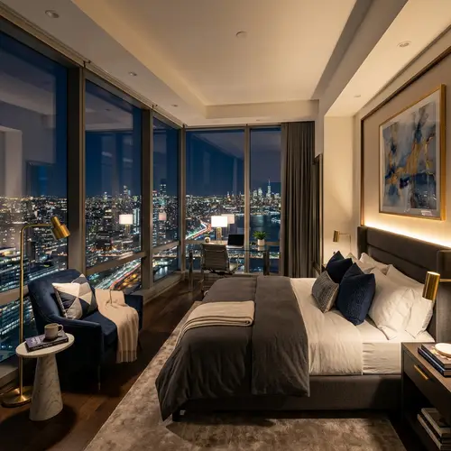 Luxurious and Modern Bedroom in Skyscraper with Panoramic Views