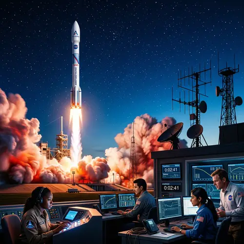 Rocket Launch Illustration with Diverse Team and Control Station