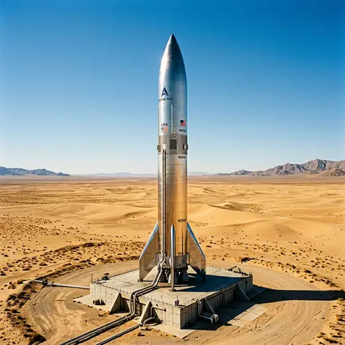 Sleek Rocket Ready for Launch in Vast Desert