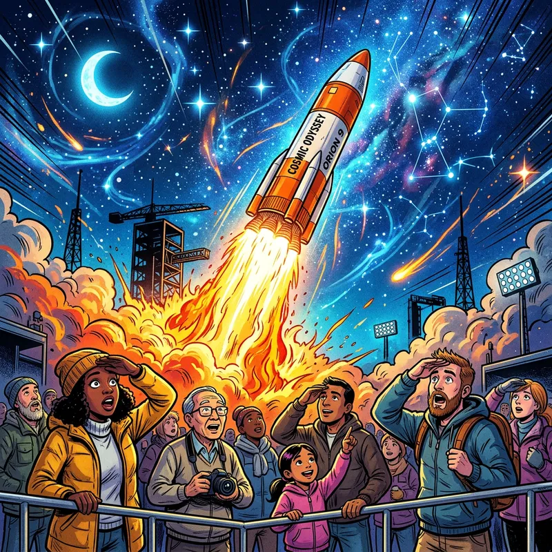 Dynamic Comic Rocket Launch: Diverse Crowd Gazes in Wonder