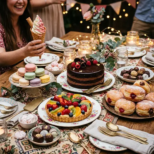 Dreamy Dessert Spread: Colorful Macarons, Chocolate Cake & More