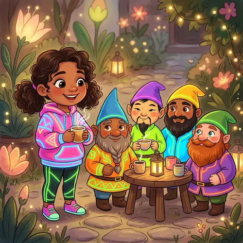 Charming Neon Gnomes and a Plump Girl Drinking Tea